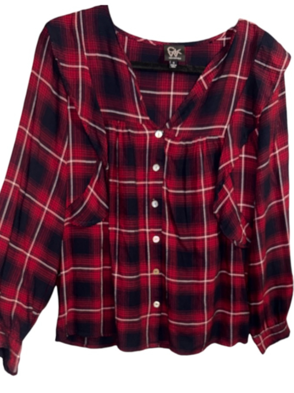 Women's Red Plaid Button-Front Shirt With ruffles, & a notched neckline